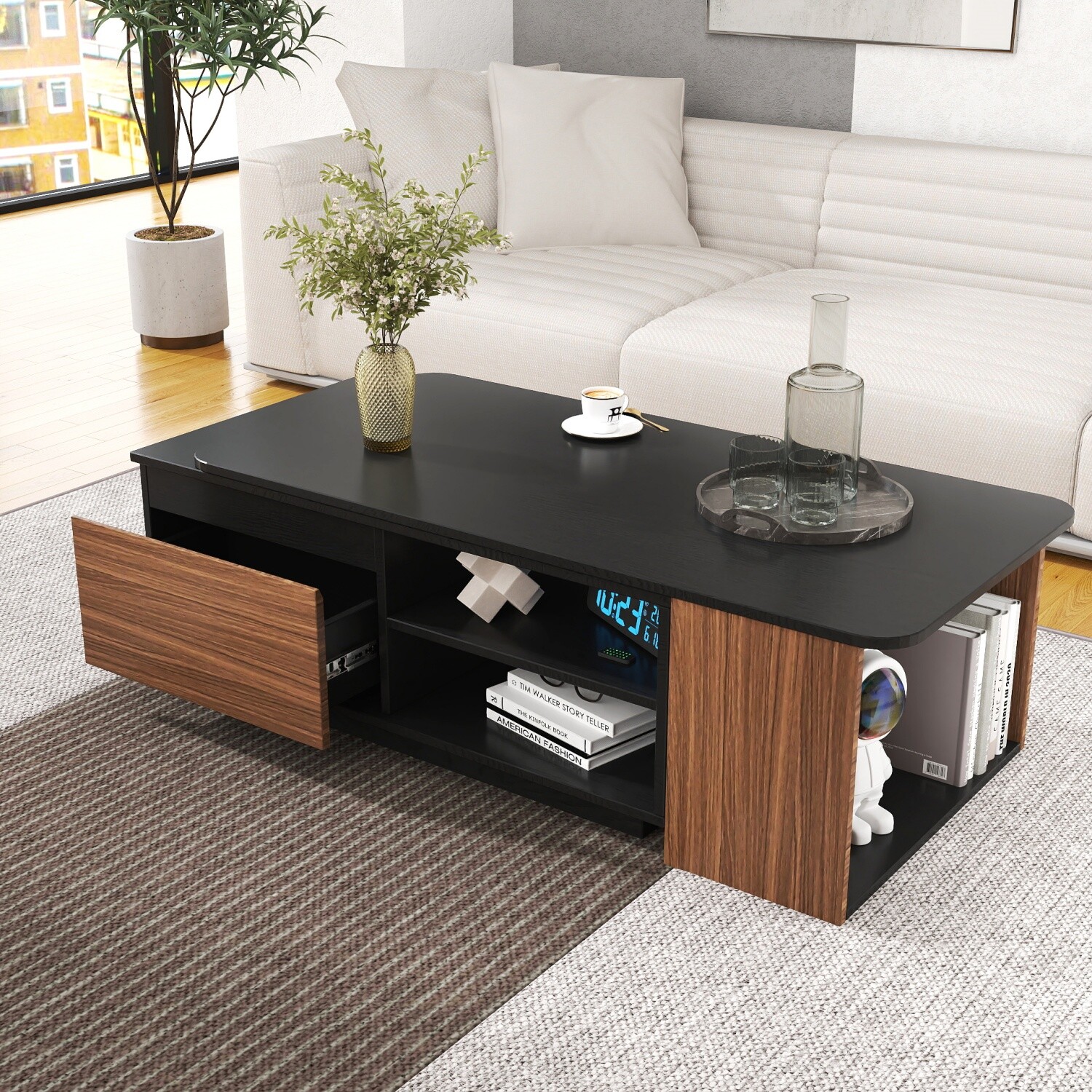 Extendable Stylish Coffee Table Wooden Frame Cocktail Table  2 Drawers Storage