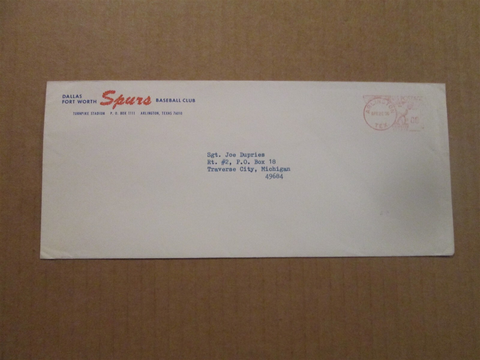 Texas League Dallas Fort Worth Spurs Vintage 1970 Team Logo Business Envelope