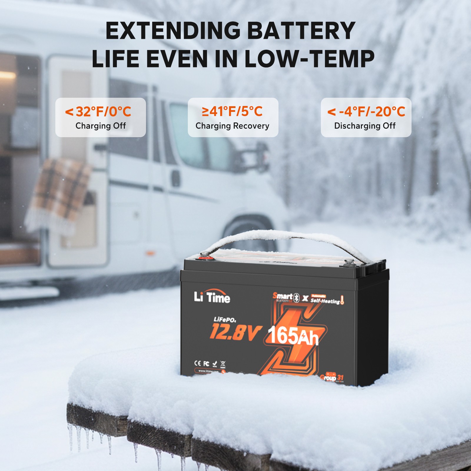 Refurbished LiTime 12V 165Ah Bluetooth Heating Group 31 LiFePO4 Lithium Battery