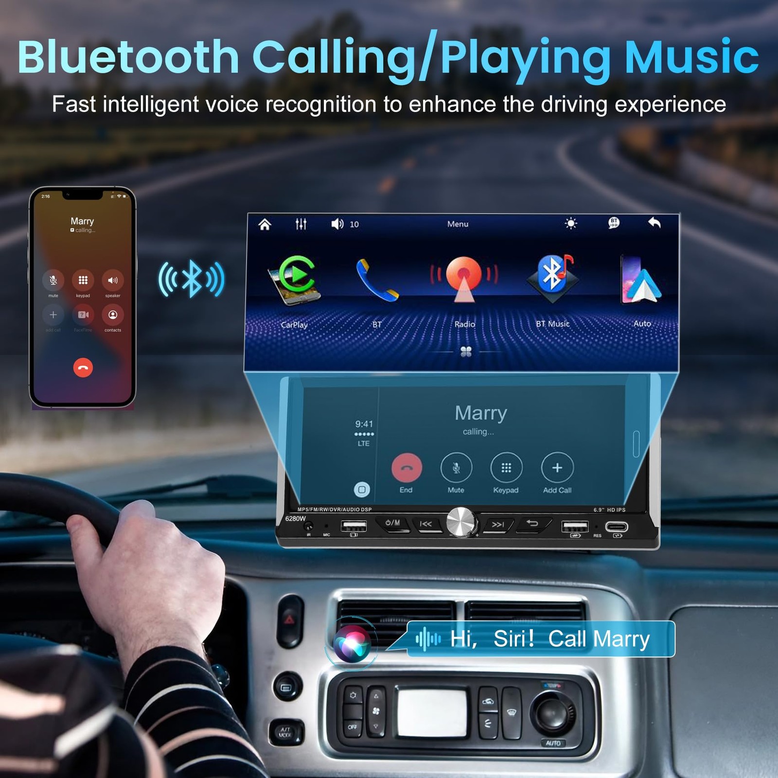 6.86' Single Din Touchscreen Car Stereo with Wireless Apple Carplay Android