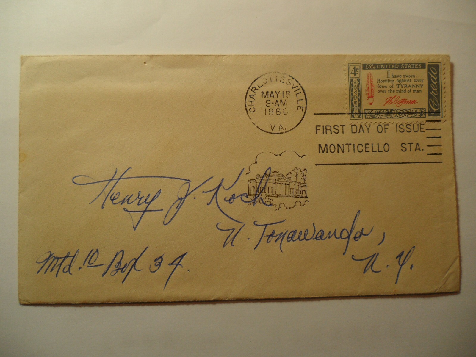 STAMPMART : USA 1960 #1141 THOMAS JEFFERSON AMERICAN CREDO 4c FIRST DAY COVER