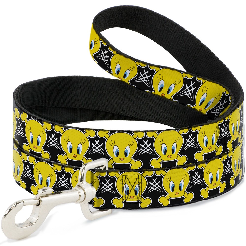 Dog Leash Tweety Bird & Crossbones Black/White/Yellow NARROW 0.5"