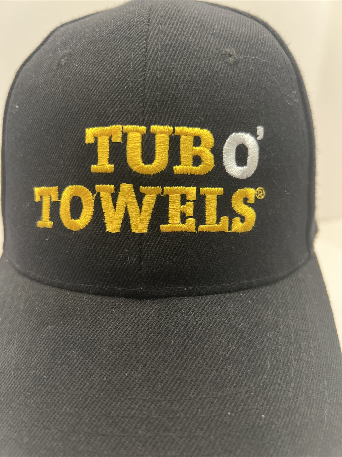 Tub of Towels Black with Gold & White Hat Cap Hook Loop EUC