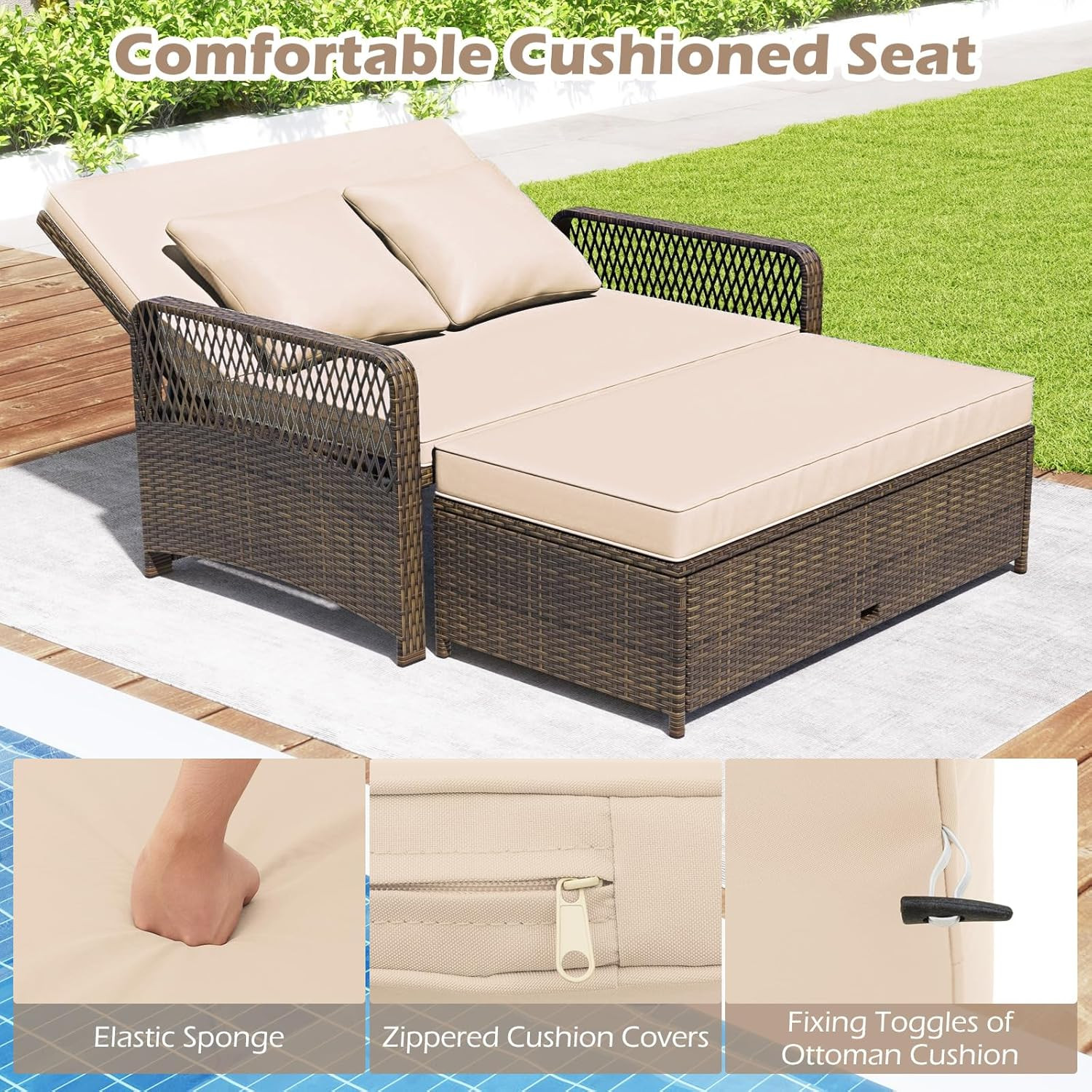 Patio Rattan Daybed with 4-Level Adjustable Backrest, 2-Person Outdoor Wicker Lo