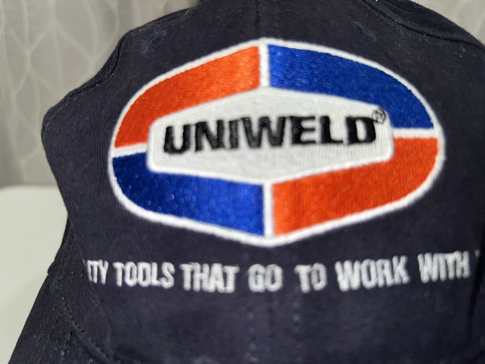 Uniweld logo patch on Navy blue hat cap Quality tools Hook Loop EUC
