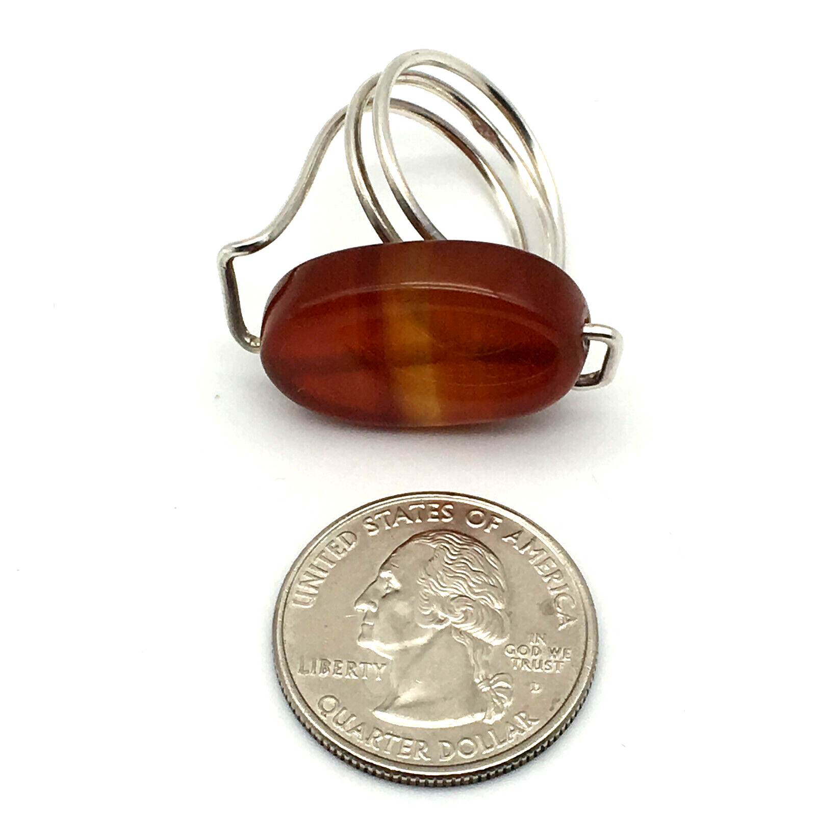 925 Sterling Silver Wire Polished Oval Amber Handcrafted Ring Size 8