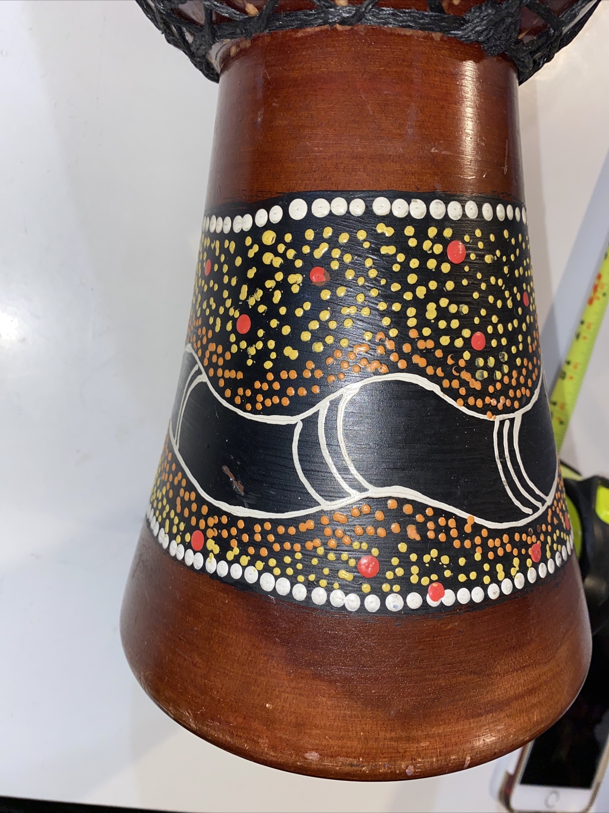 Hand Carved Djembe Solid Wood Hand Painted Python, Carrying Strap, Great Sound