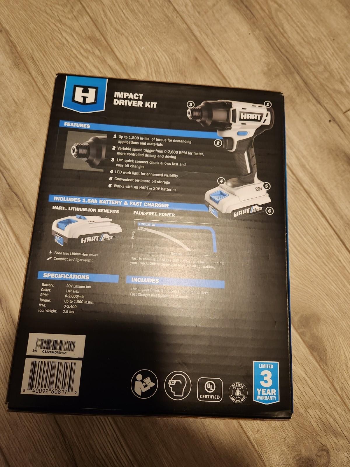 Hart HPID02B 20-Volt Cordless Impact Driver Kit NEW!