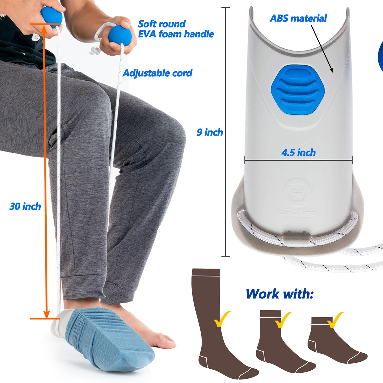Sock Aid - Socks Helper with Adjustable Cords, Easy on 1, Ash Gray