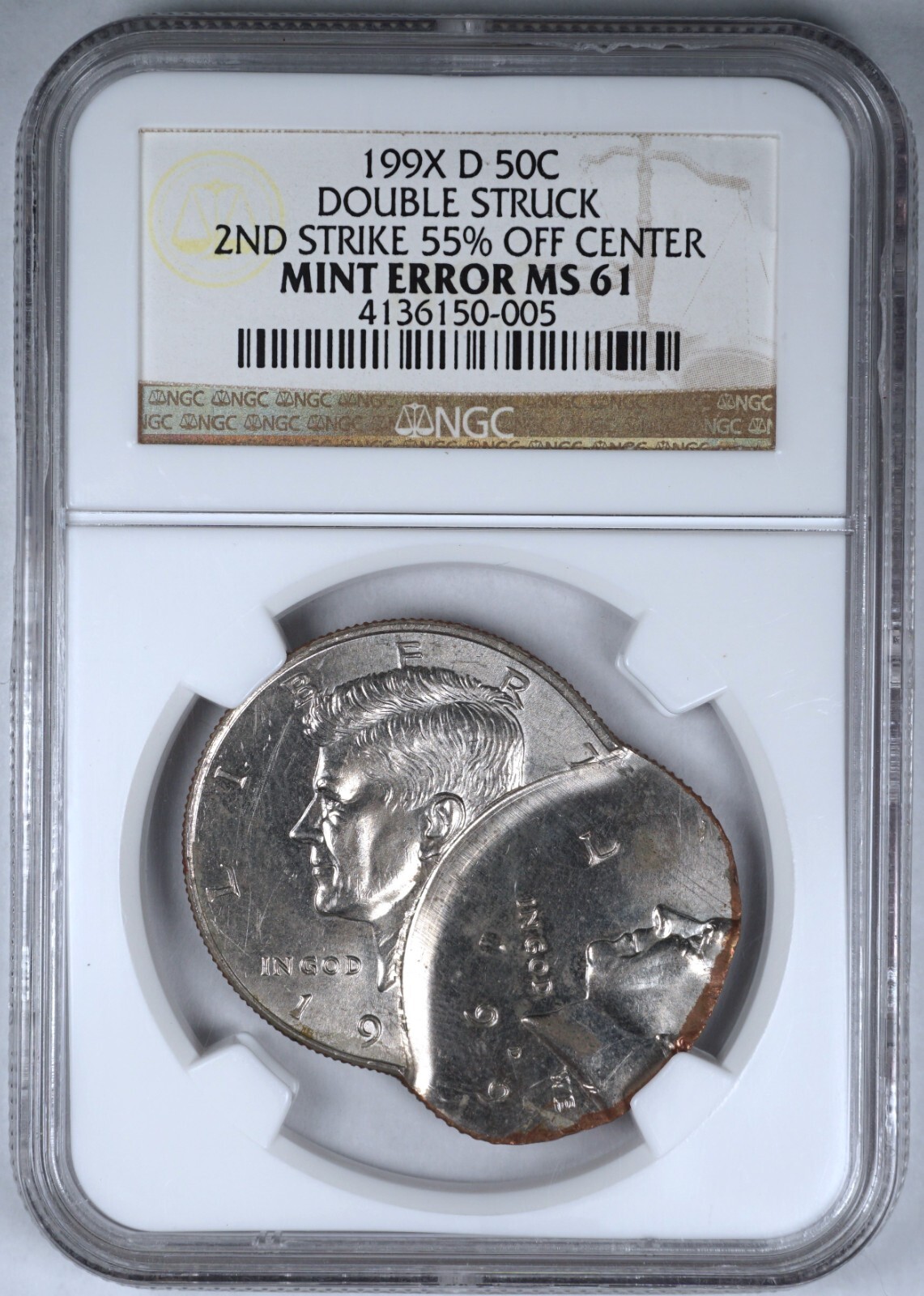 199X D 50c Double Struck off Center Kennedy Half Dollar Rare Mint Error NGC MS61