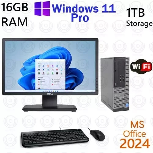 Windows 11 Dell i5 3.2 ghz 16GB RAM 1TB 20" LCD Desktop Computer PC Office2021