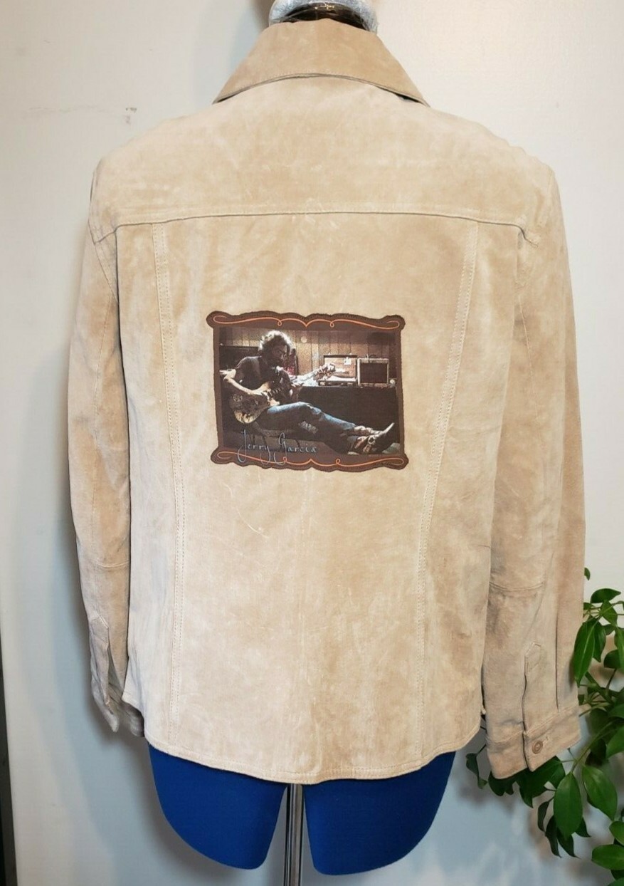 Ladies Lrg Jerry Garcia tan suede upcycled OOAK jacket Grateful Dead fashion