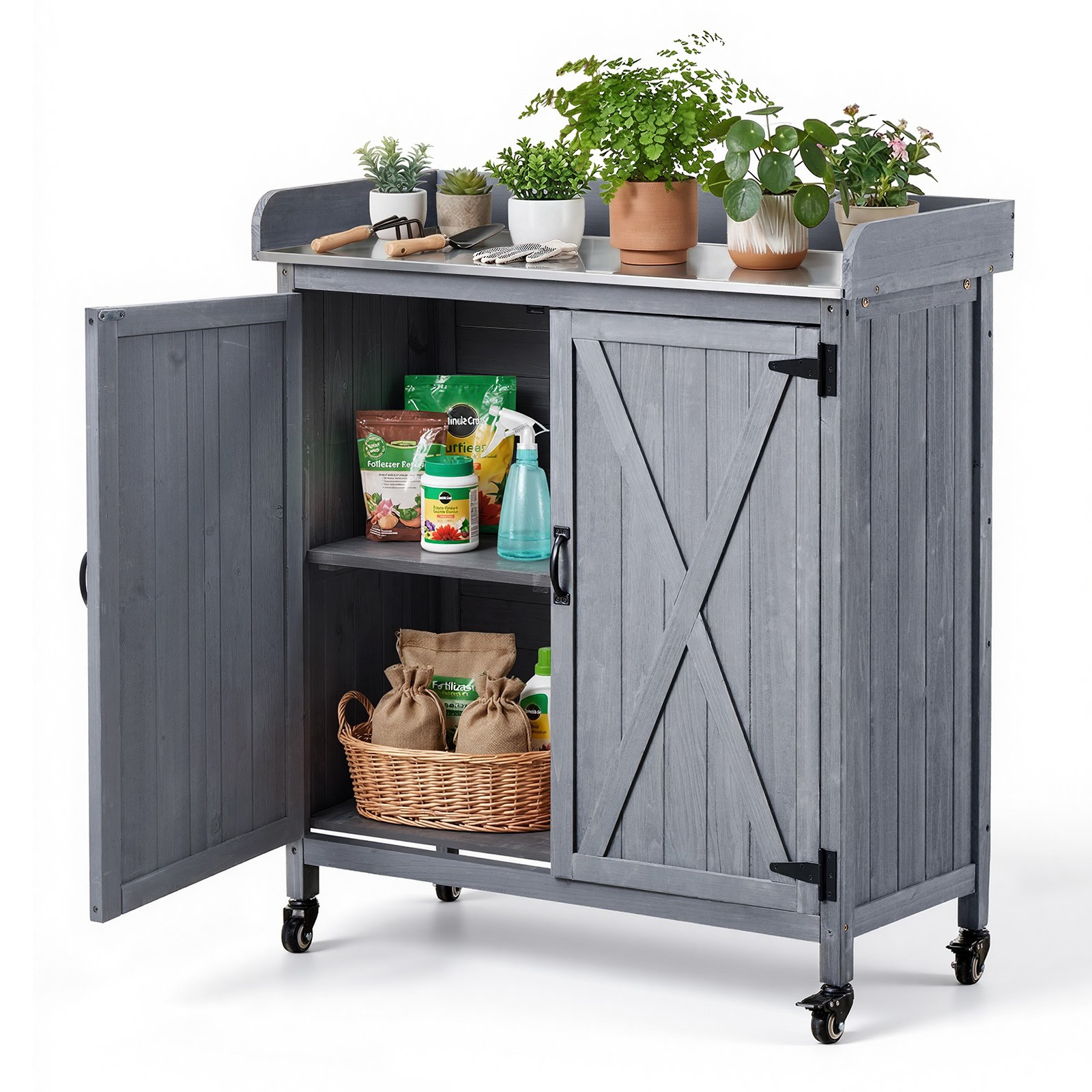 VEVOR Potting Bench Table Outdoor Gardening Wooden Storage Cabinet Iron Tabletop
