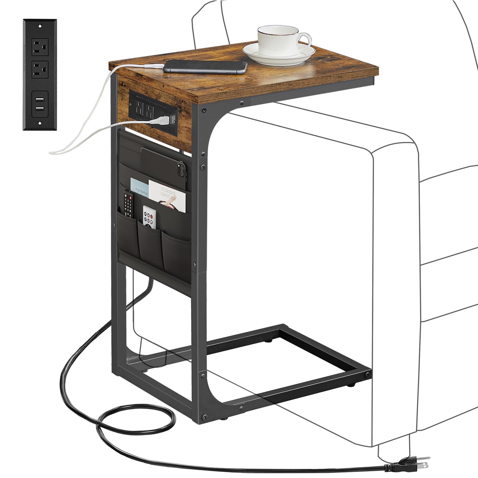 C Shaped End Table with Charging Station, Side Table for Sofa, Couch Table wi...