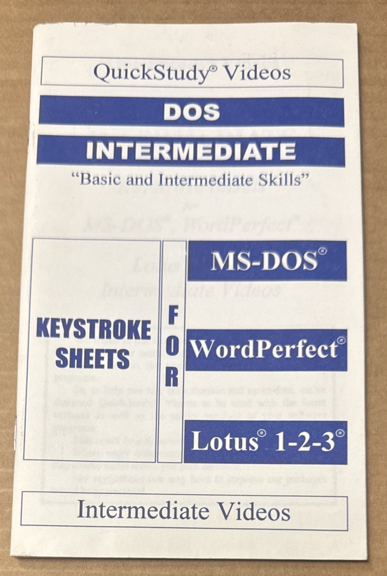 QuickStudy Videos Keystroke Sheet for DOS Intermediate (1996, Staplebound, GOOD)