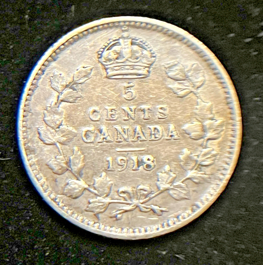 1918 Canada 5 cent Circulated Canadian Silver 5 Cents Old Coin