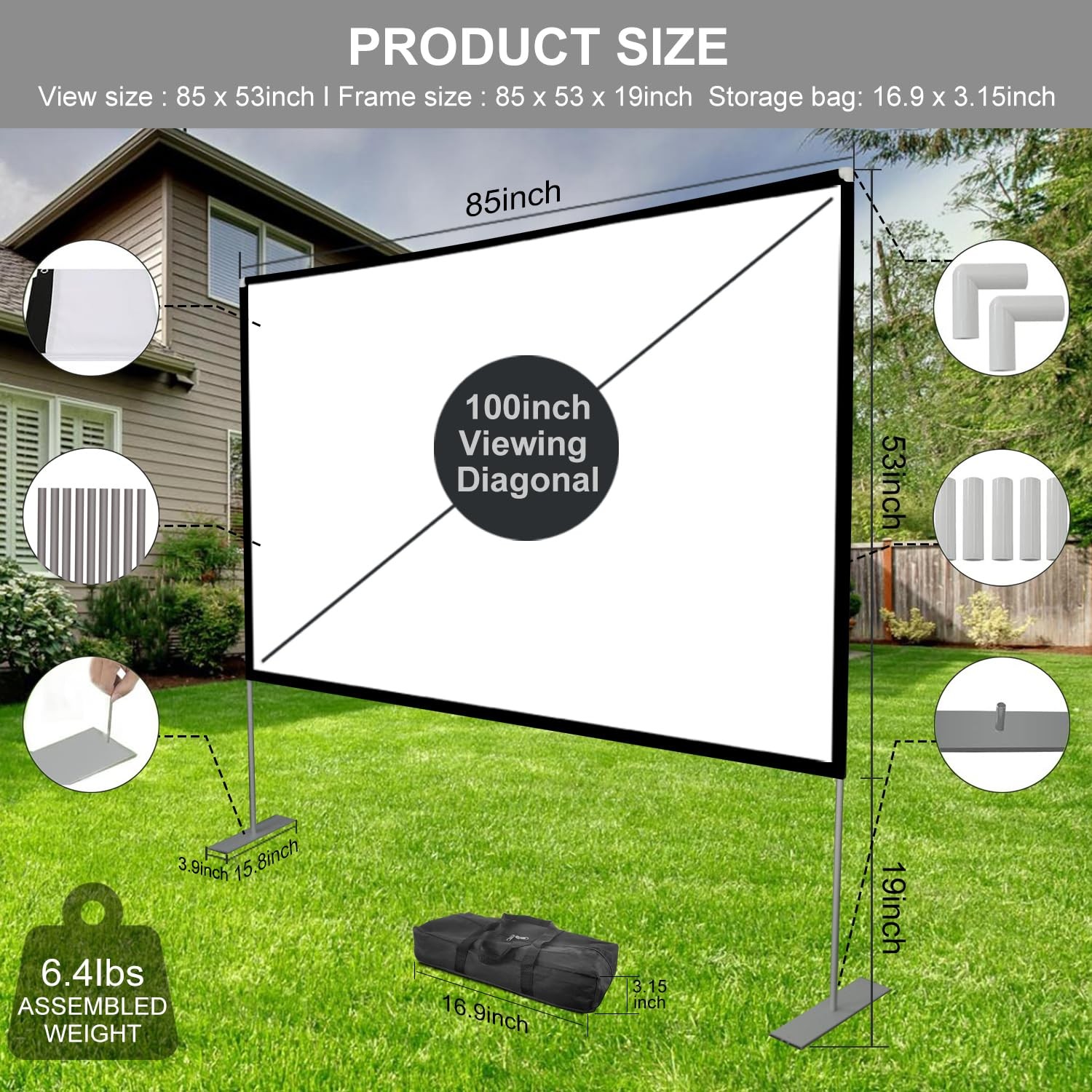 Outdoor Projector Screen with Stand 100 Inch Portable Projection Screen 1610 ...