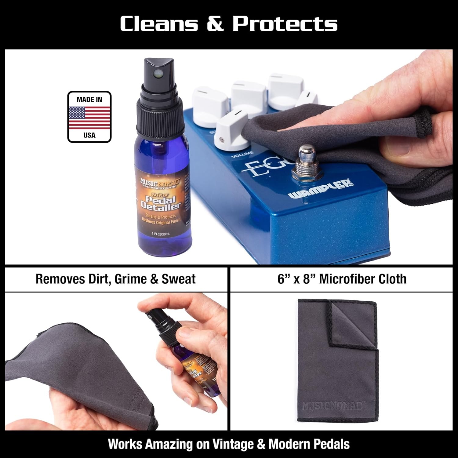 Guitar Pedal Care Kit, 12-Piece: Cleaners, Wrench Set, Brush, Detailer, Case