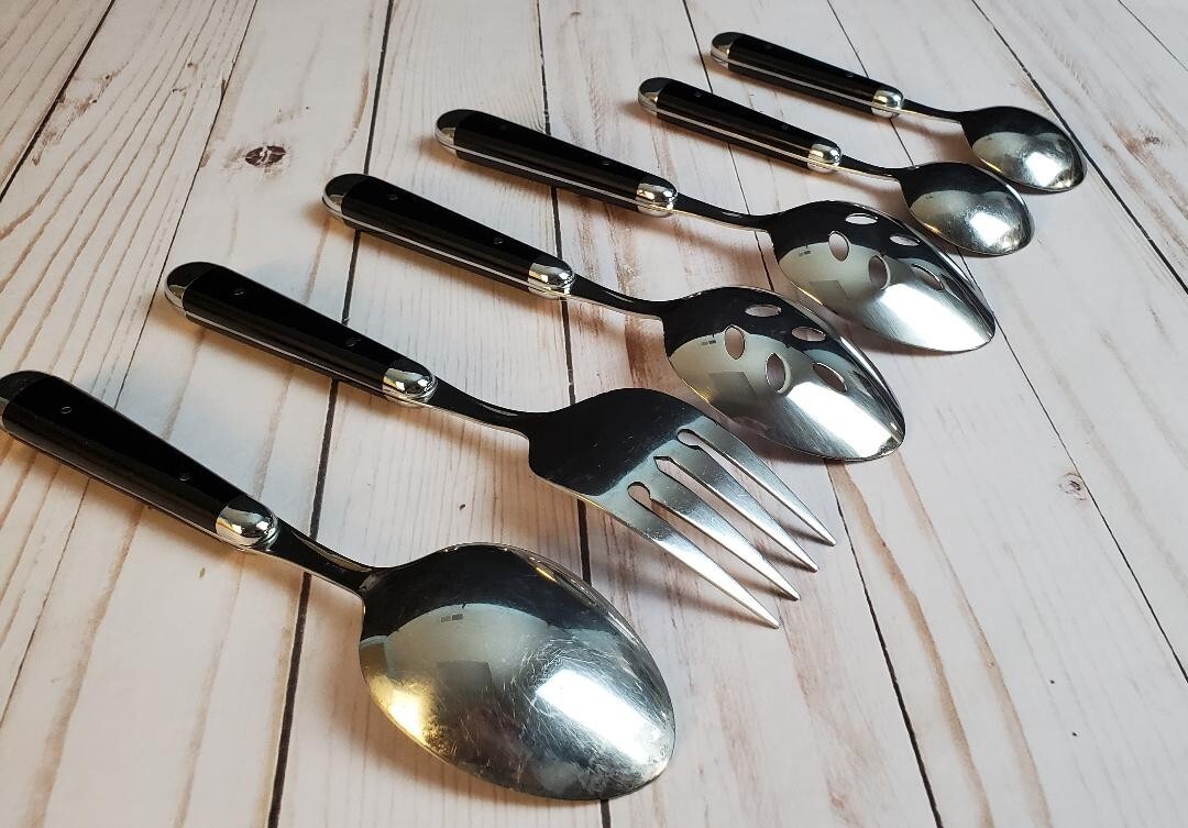 Oneida PALETTE Black Pattern Stainless Black Handles Rivets 6 pc Serving Set
