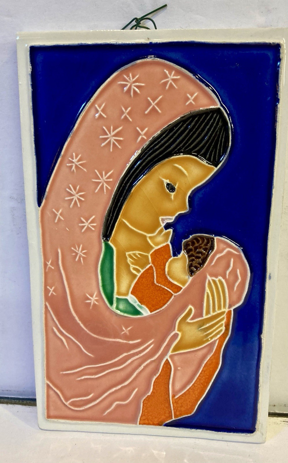 Italian Art Tile Madonna & Child  Falcone Ceramic Vietri Wall ￼ Plaque 4”x6”