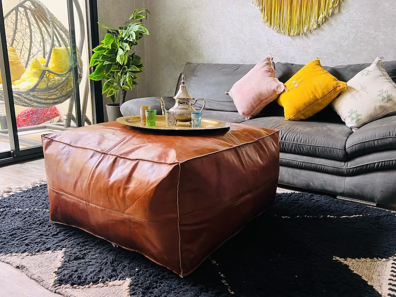 Large Unstuffed Moroccan Leather Pouf Premium Boho Footrest Genuine Ottoman 30''