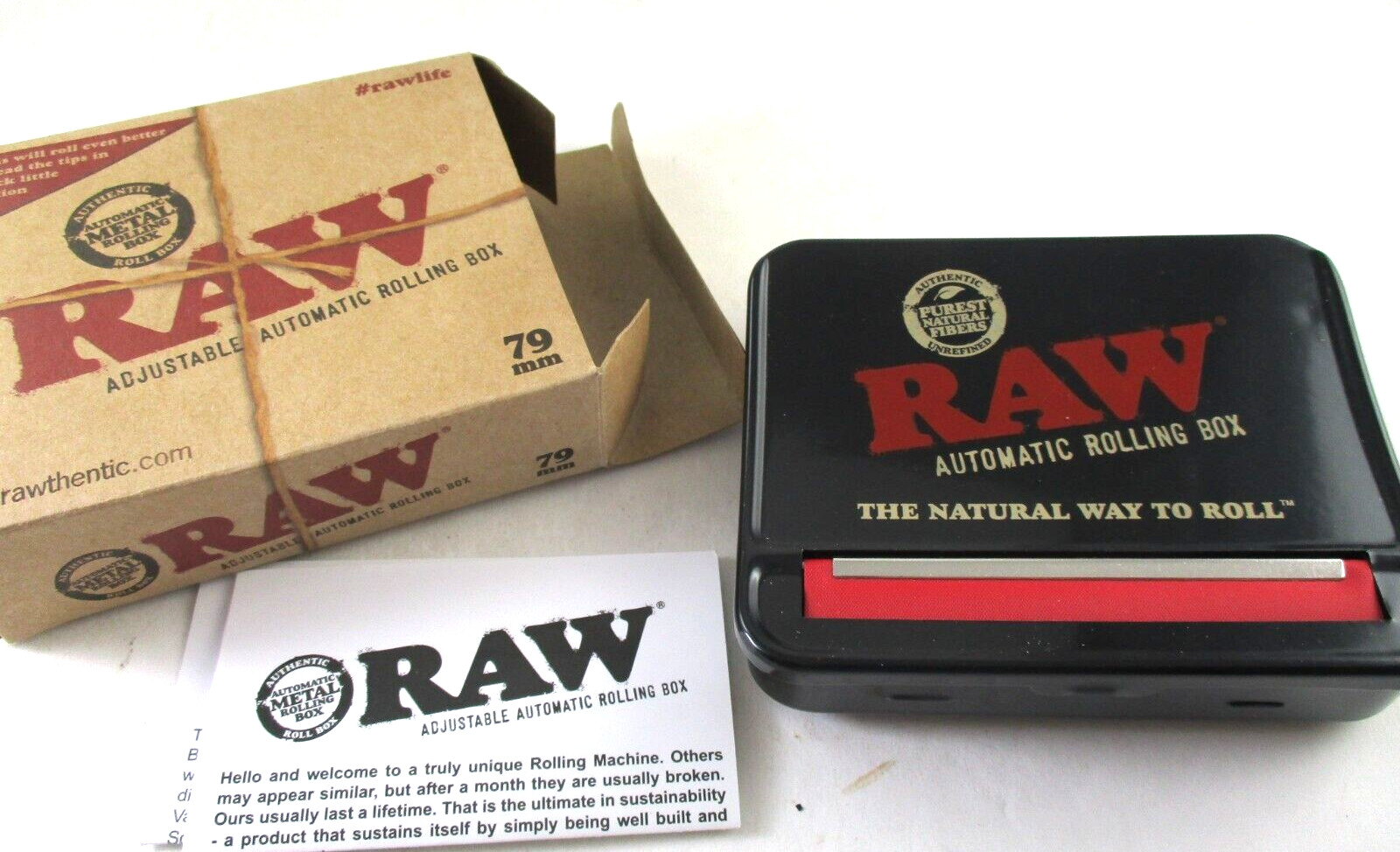 RAW 79mm Adjustable Automatic Cigarette Rolling Box w/ instructions