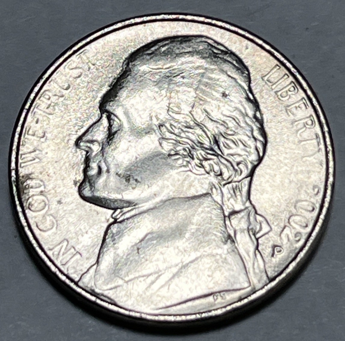 2002 P Jefferson Nickel Error Weak Strike Through Grease Faint Date & Lettering