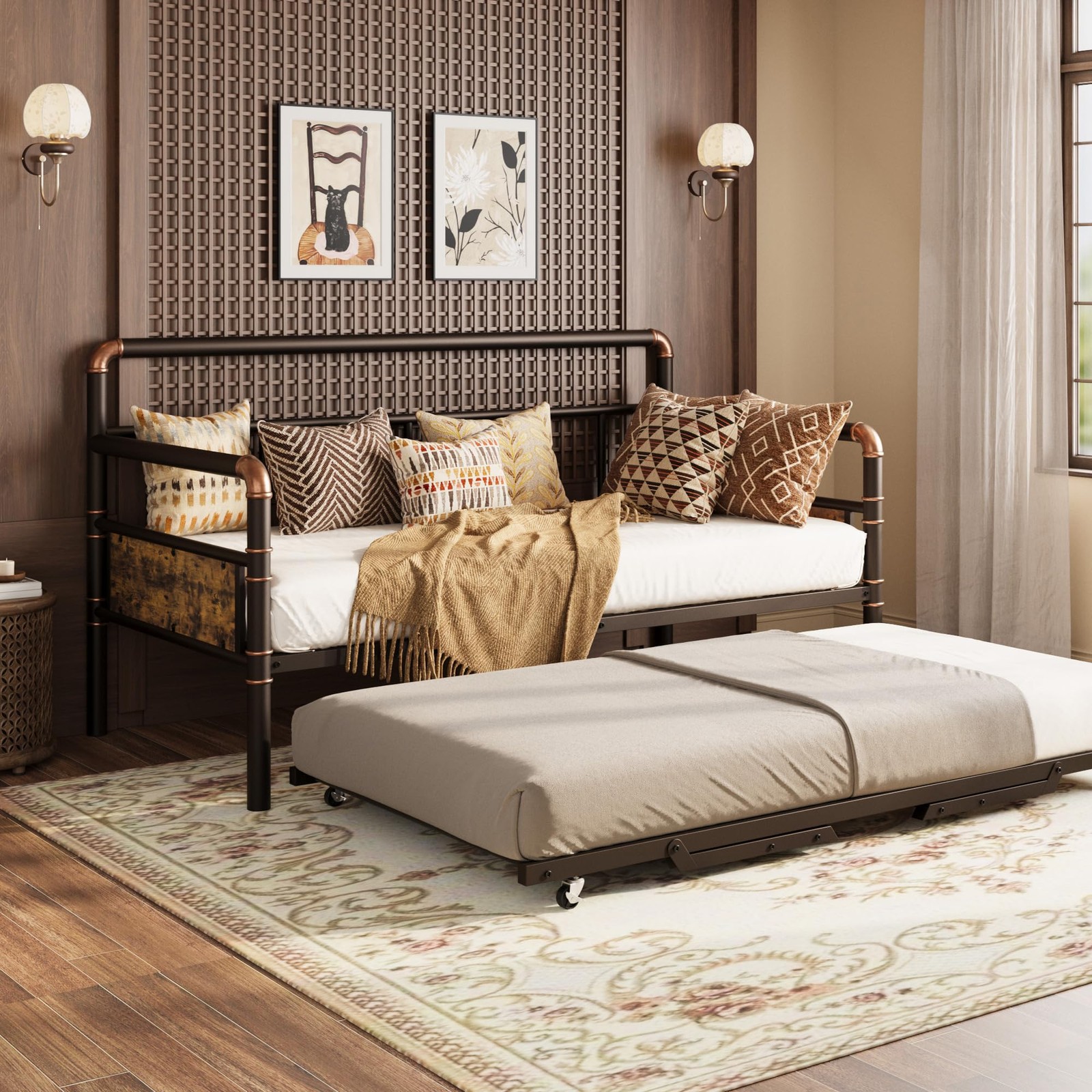 Daybed with Pop Up Trundle Twin Size Sofa Bed Day Bed Frame Metal Easy Assembly