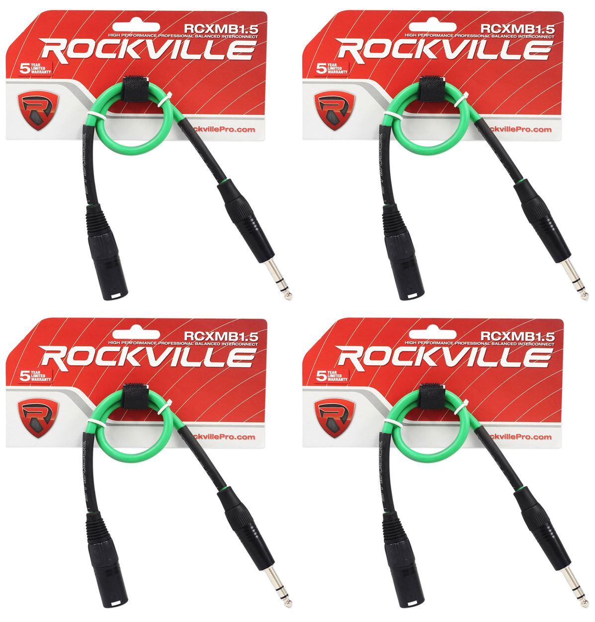 4 Rockville RCXMB1.5G Green 1.5' Male REAN XLR to 1/4'' TRS Balanced Cables