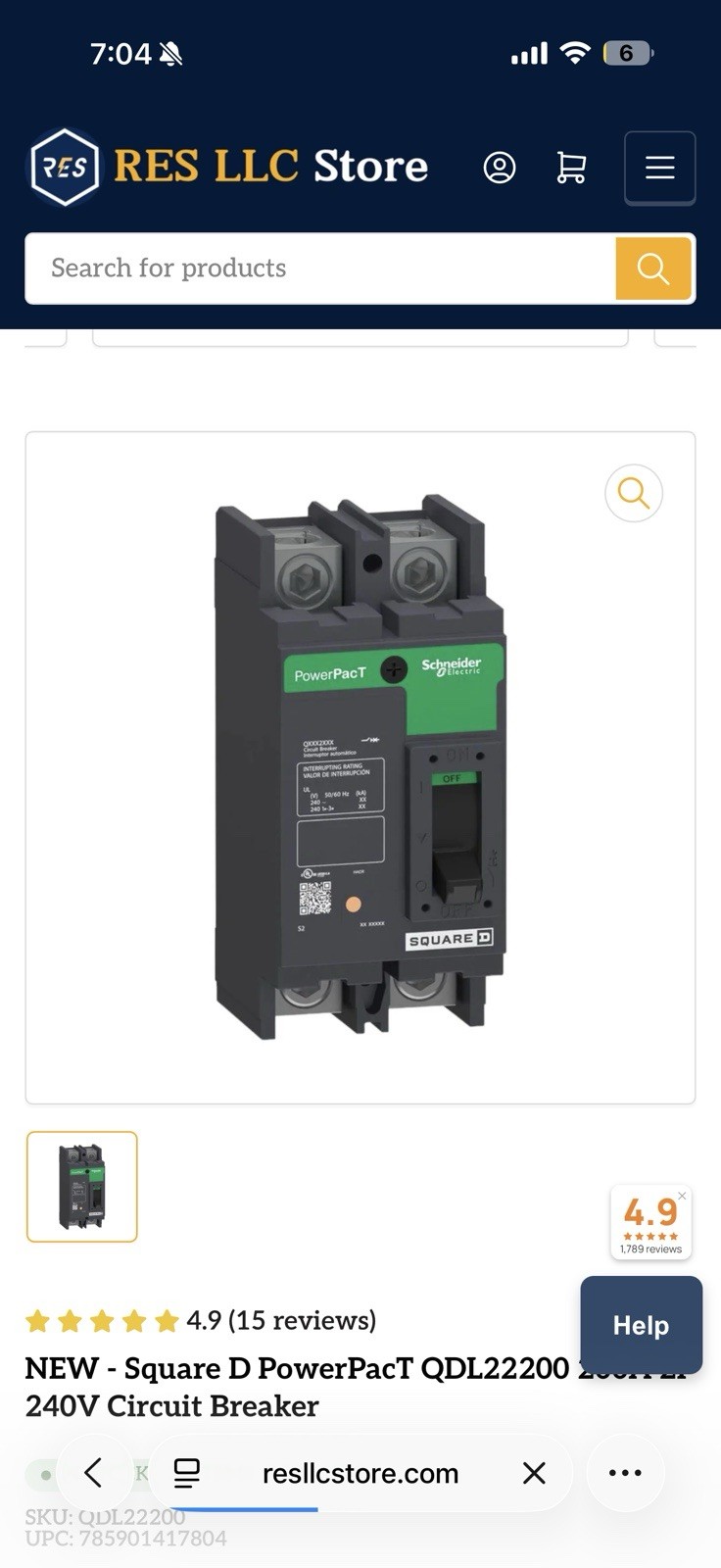 NIB - Square D - QBL22200 - Molded Case Circuit Breaker - 200A, 1-Phase, 240V