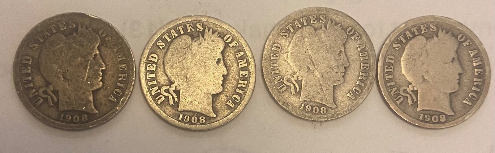 1908 set of barber dimes p&d&o&s 4 dimes all mints