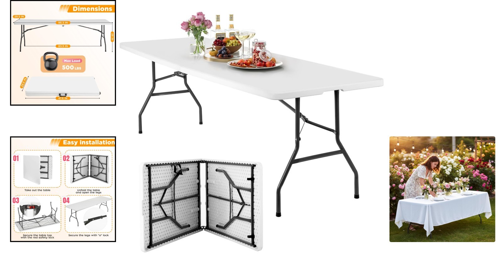 Multi-Purpose 8FT Folding Table for Parties & BBQ - Durable with Carry Handle
