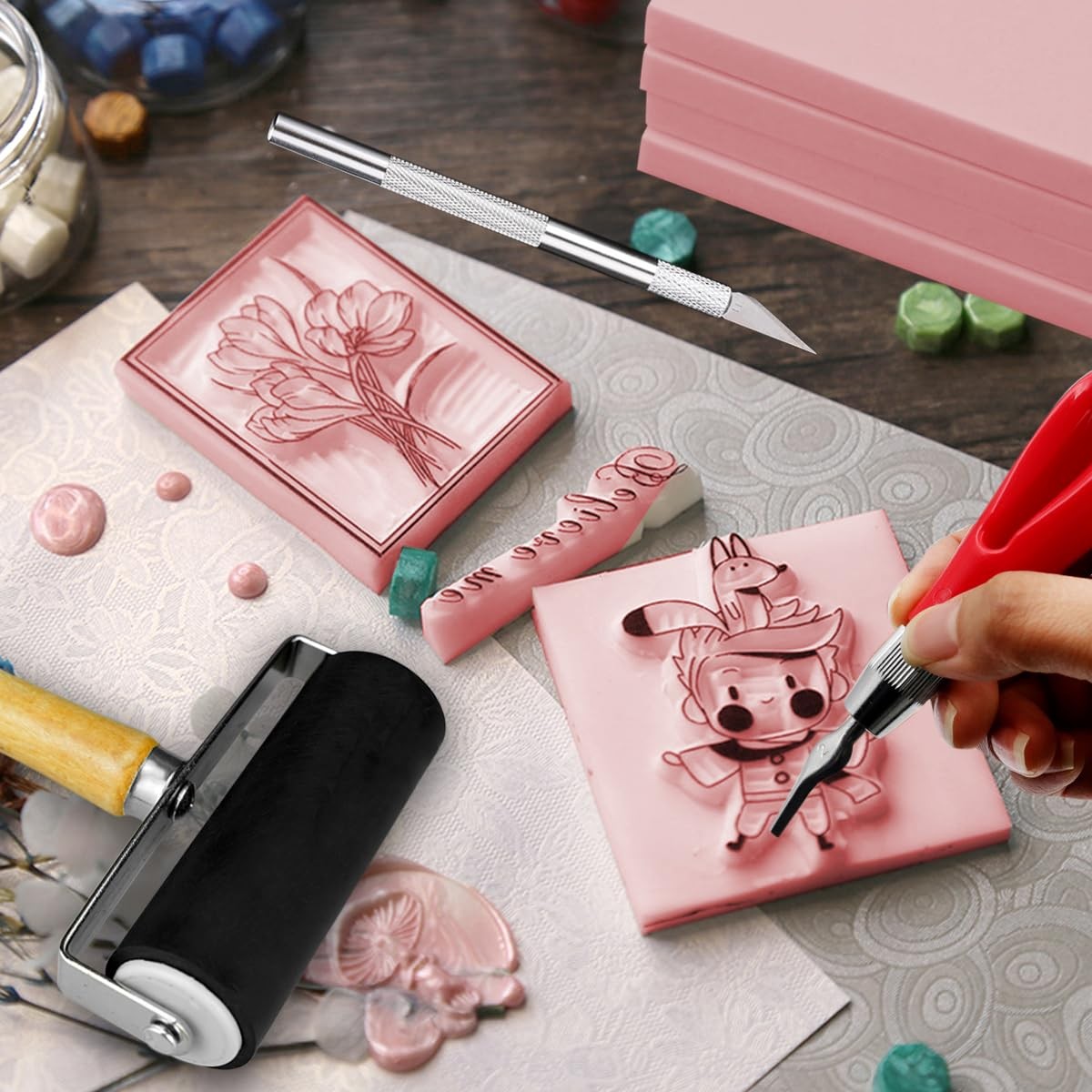 4 PCS Rubber Carving Linoleum Blocks Rectangular Stamp Printing Tools Set