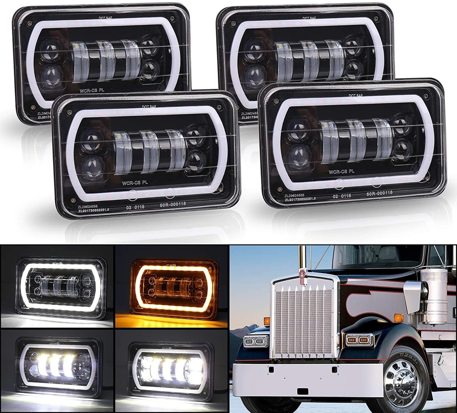 Off Road 4x6 Led Headlights with White/Yellow Halo Seal Beam H4651 H4656 H654...
