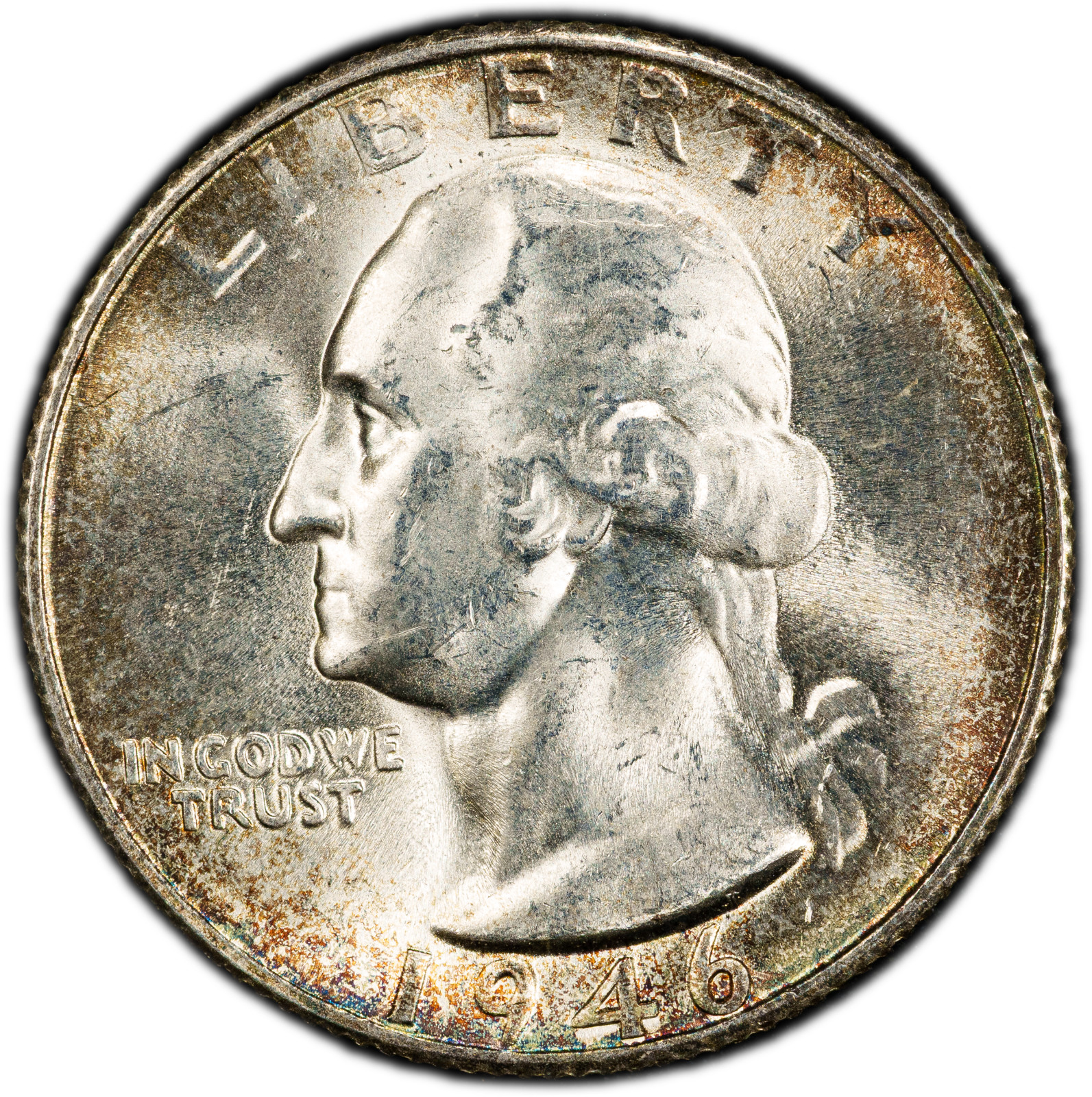 1946-S PCGS MS64 Washington Quarter | Pretty Rainbow Rim Toning | Very Flashy