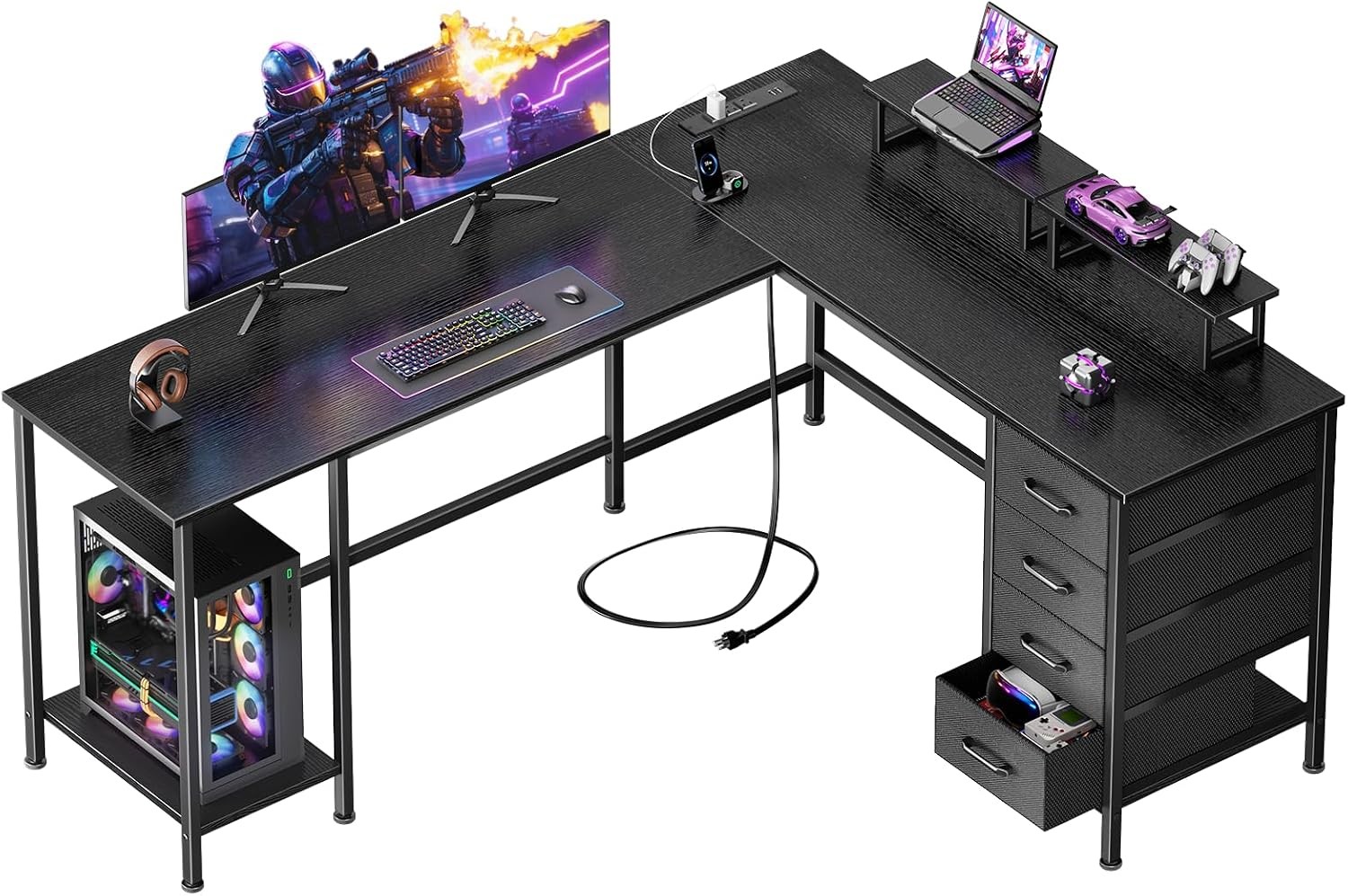 59 inch L Shaped Computer Desk W/ Power Outlets Black Ideal Home Office Bedroom