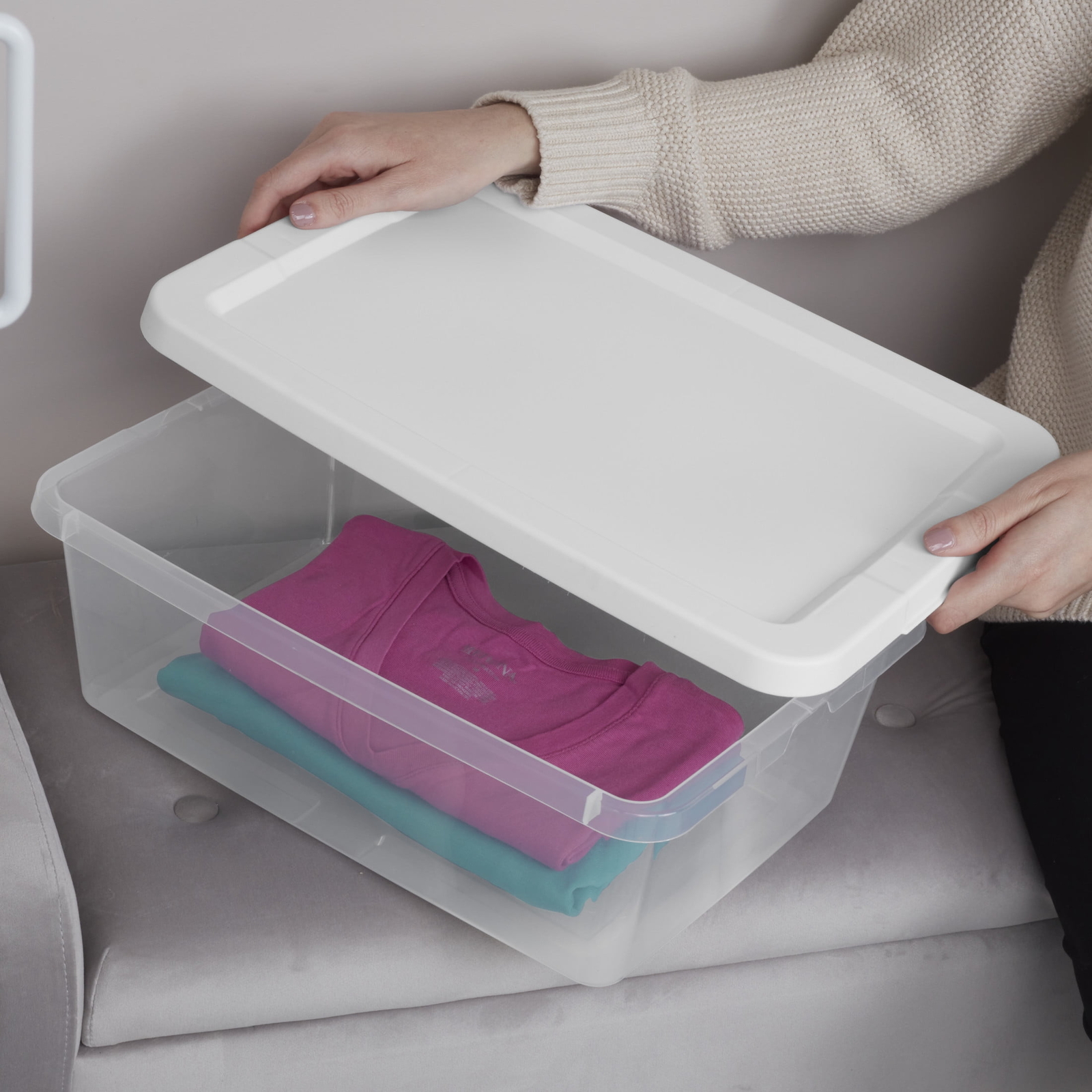 (4) 12 Quart Storage Boxes, Clear Plastic Storage Bin with Snap-on Lid, White
