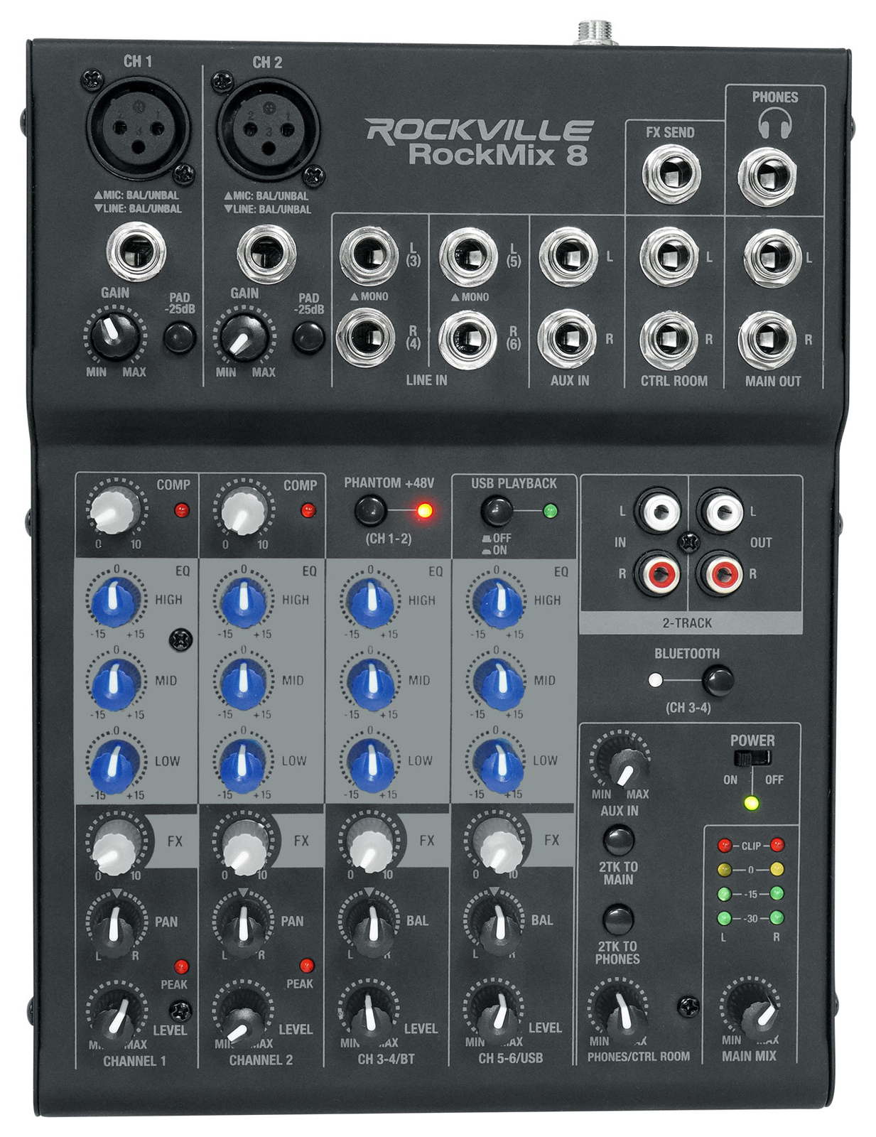 Rockville ROCKMIX 8 Channel Mixer w/ USB Interface+Compressor+2-Way Bluetooth