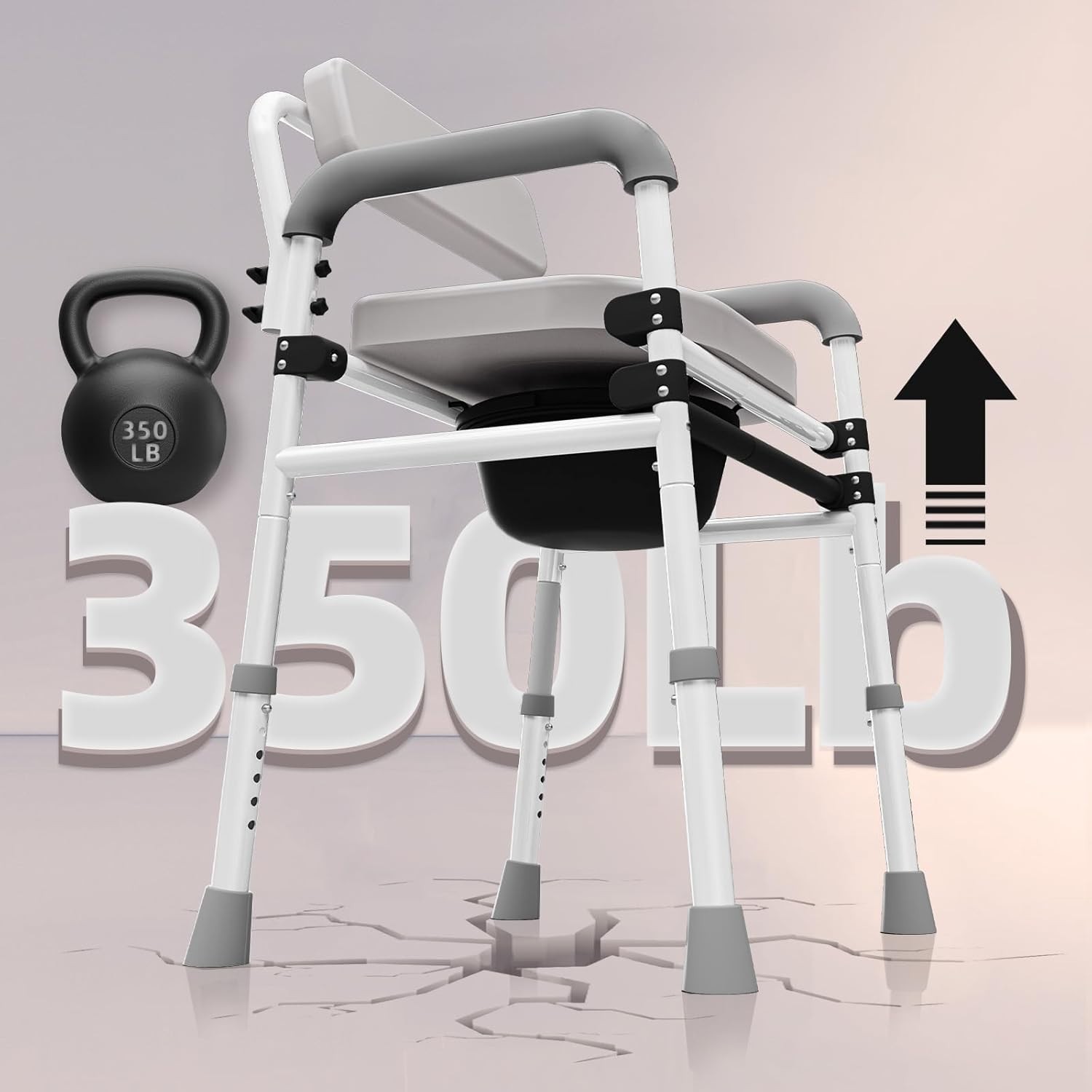 Adjustable Medical Bedside Commode Chair with Padded Backrest, Drop Arm Support