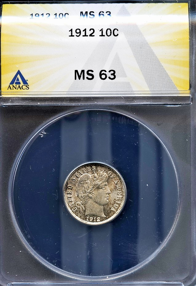 1912 10c Barber Head Dime MS 63 ANACS # 7953500 + Silver Bonus