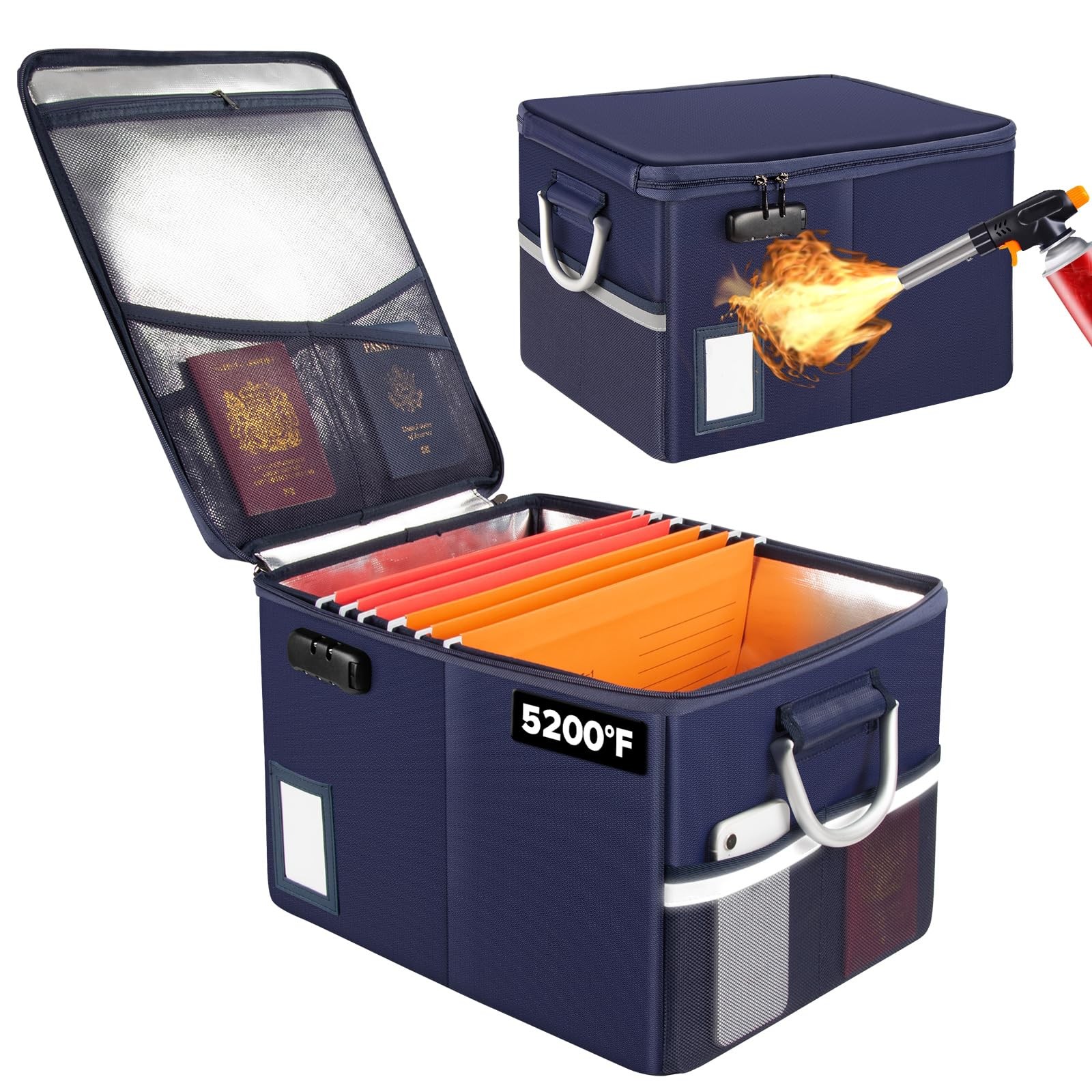 Blue 5200F Fireproof Document Box W/ Lock Heat Insulated Filing Organizer