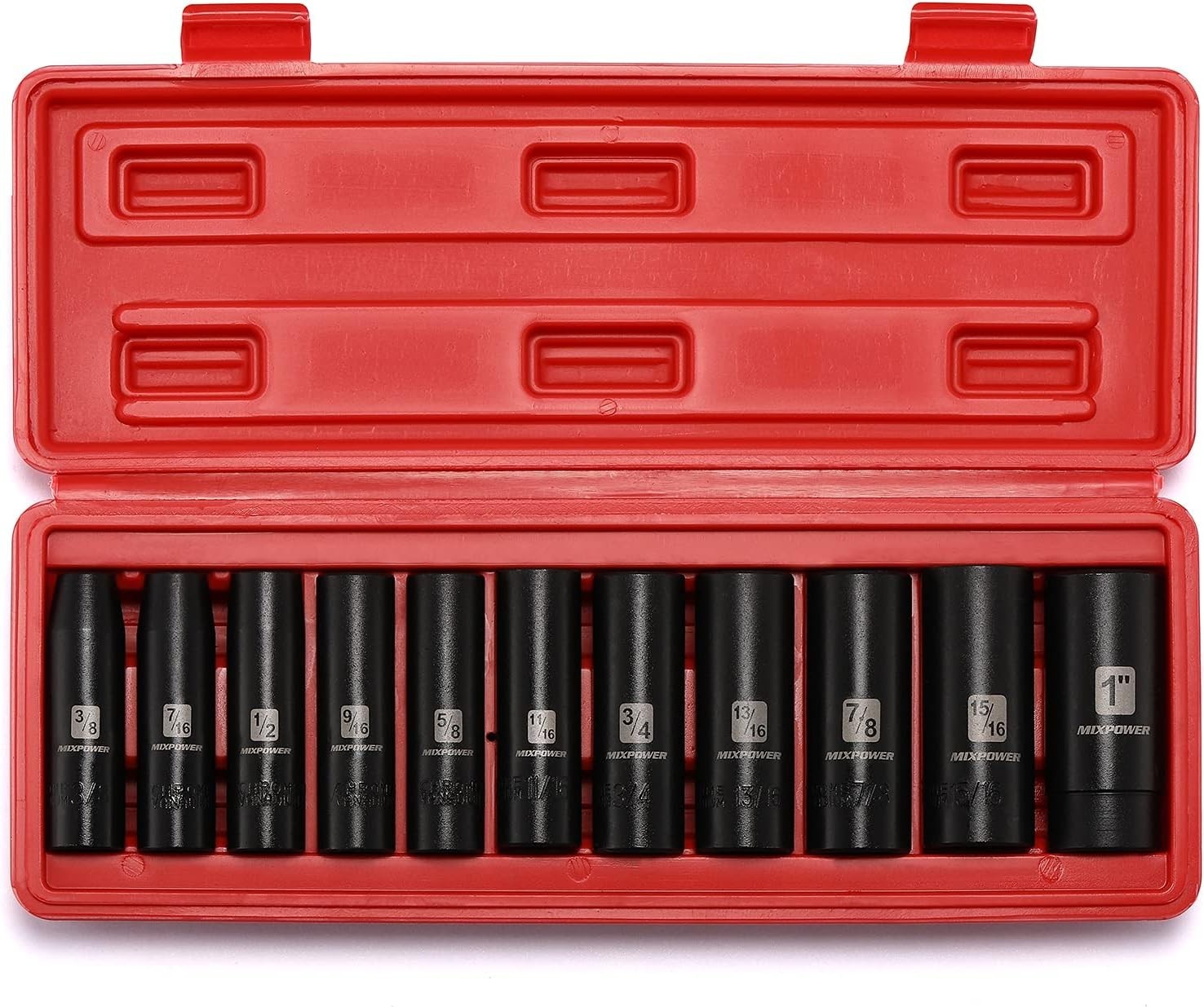 Impact Socket Set 11 Pieces Chrome Vanadium Deep SAE 6-Point for Heavy Duty