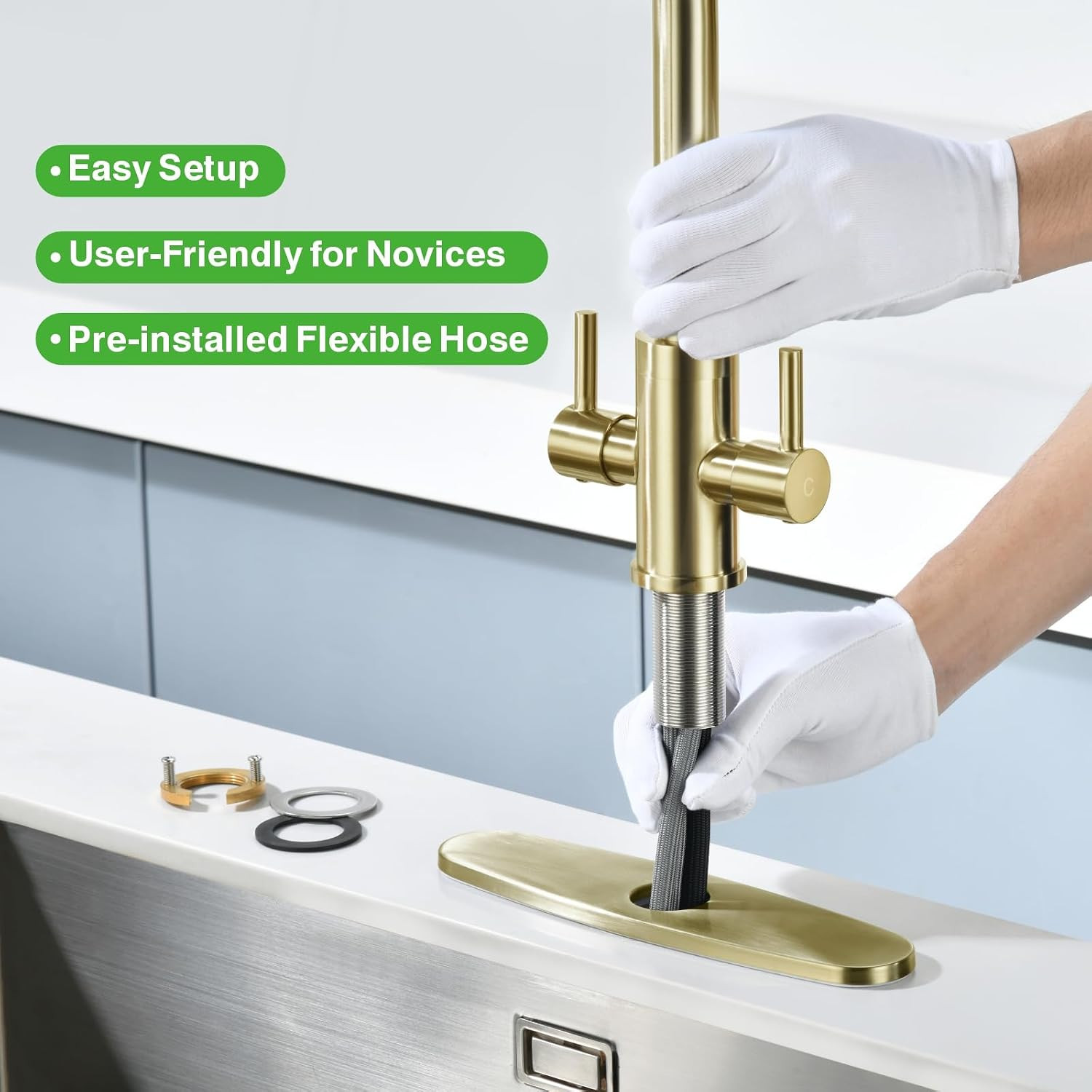 Kitchen Sink Faucet, 2 Handles Pull down with Sprayer, Brushed Gold, PB1056