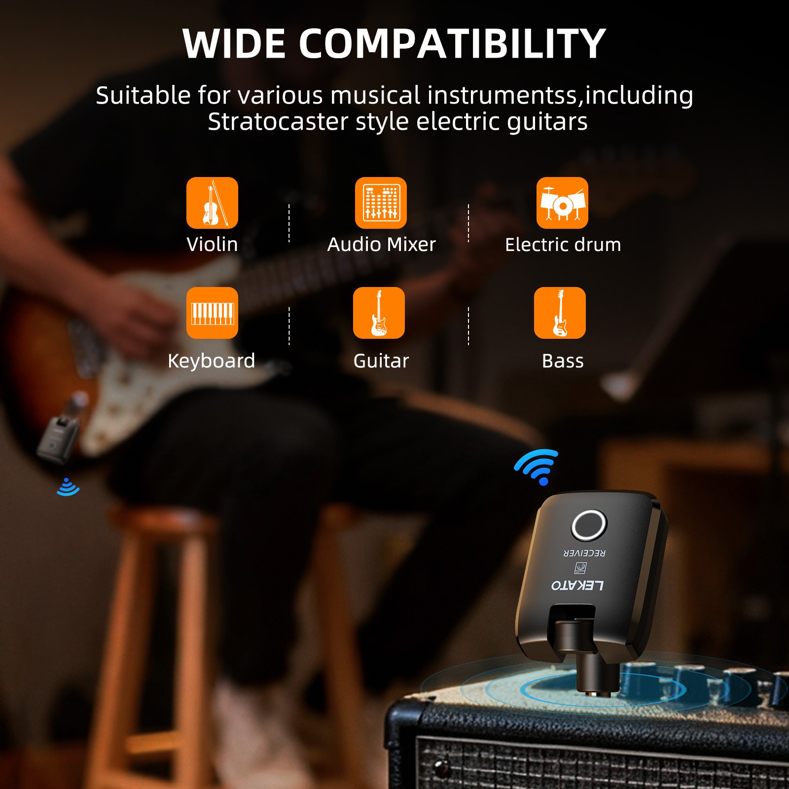 LEKATO Wireless Guitar System with Charging Case 2.4GHz Transmitter Receiver