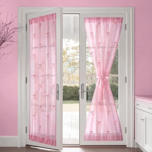 2 Pcs Embroidered Sheer Door Curtain Light Filtering Voile Cute French Pink Bow