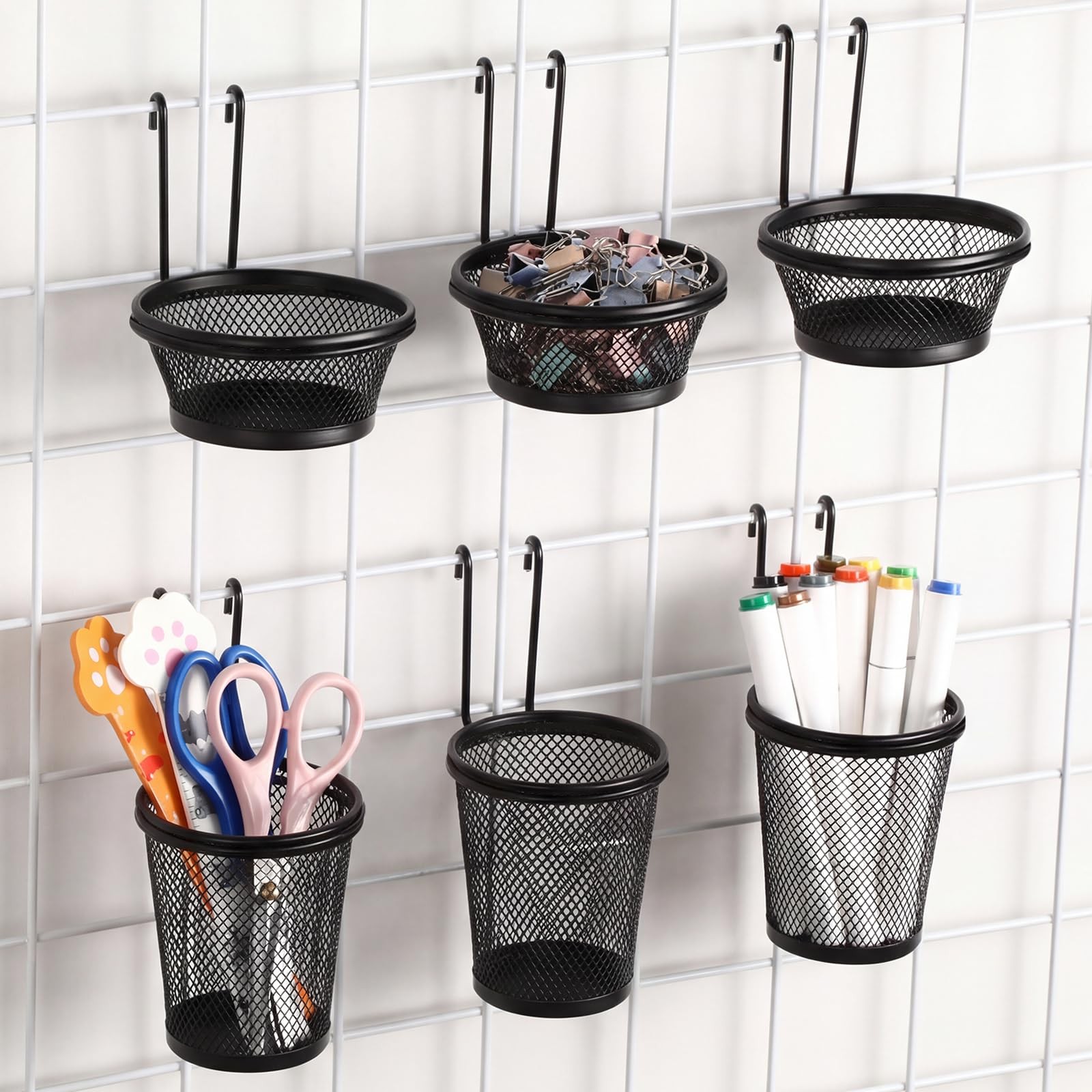 6 Pcs Grid Wall Cups with Ring Hooks Hanging Pencil Holder Wall Mount Wire Gr...