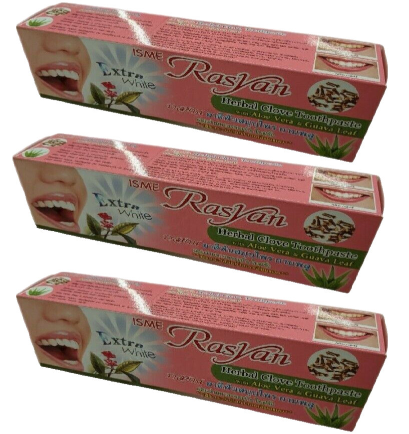 3 ISME Rasyan Herbal Clove with Aloe Vera Guava leaf Toothpaste Extra White 100g