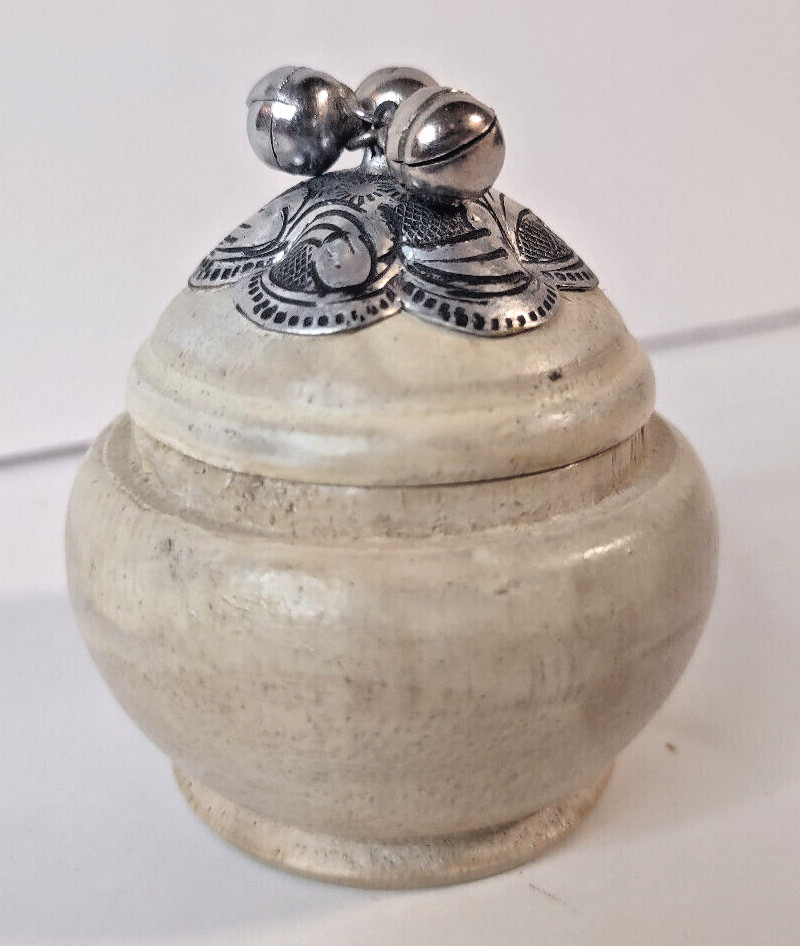 Handcrafted Thailand Mango Wood Trinket Jar with scrolled metal design & bells
