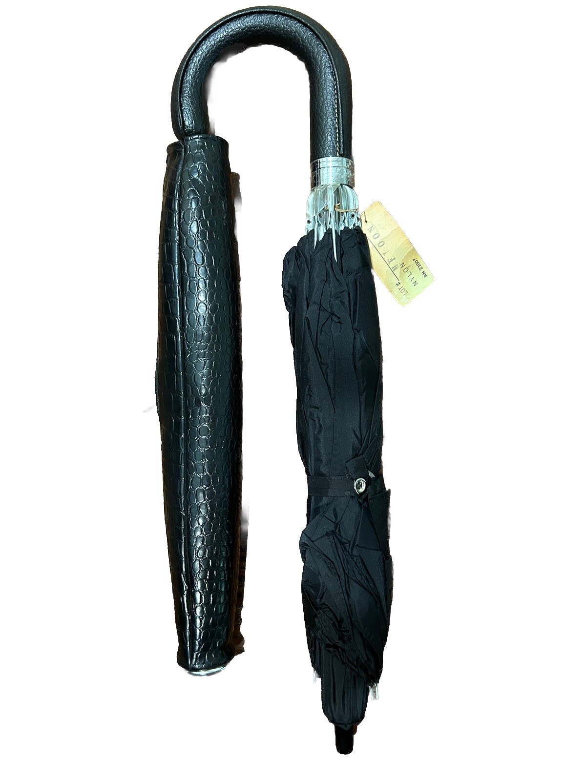 Vintage Black Nylon Umbrella w/ Leather Hook Handle & Faux Case GUC