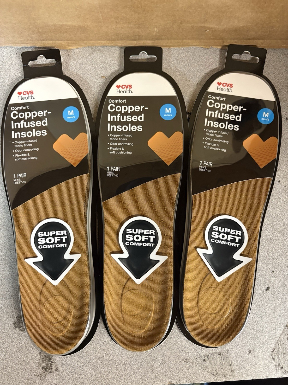 LOT OF 3 CVS Health Copper Infused Cushion Insoles men's Sz 7-13 F8